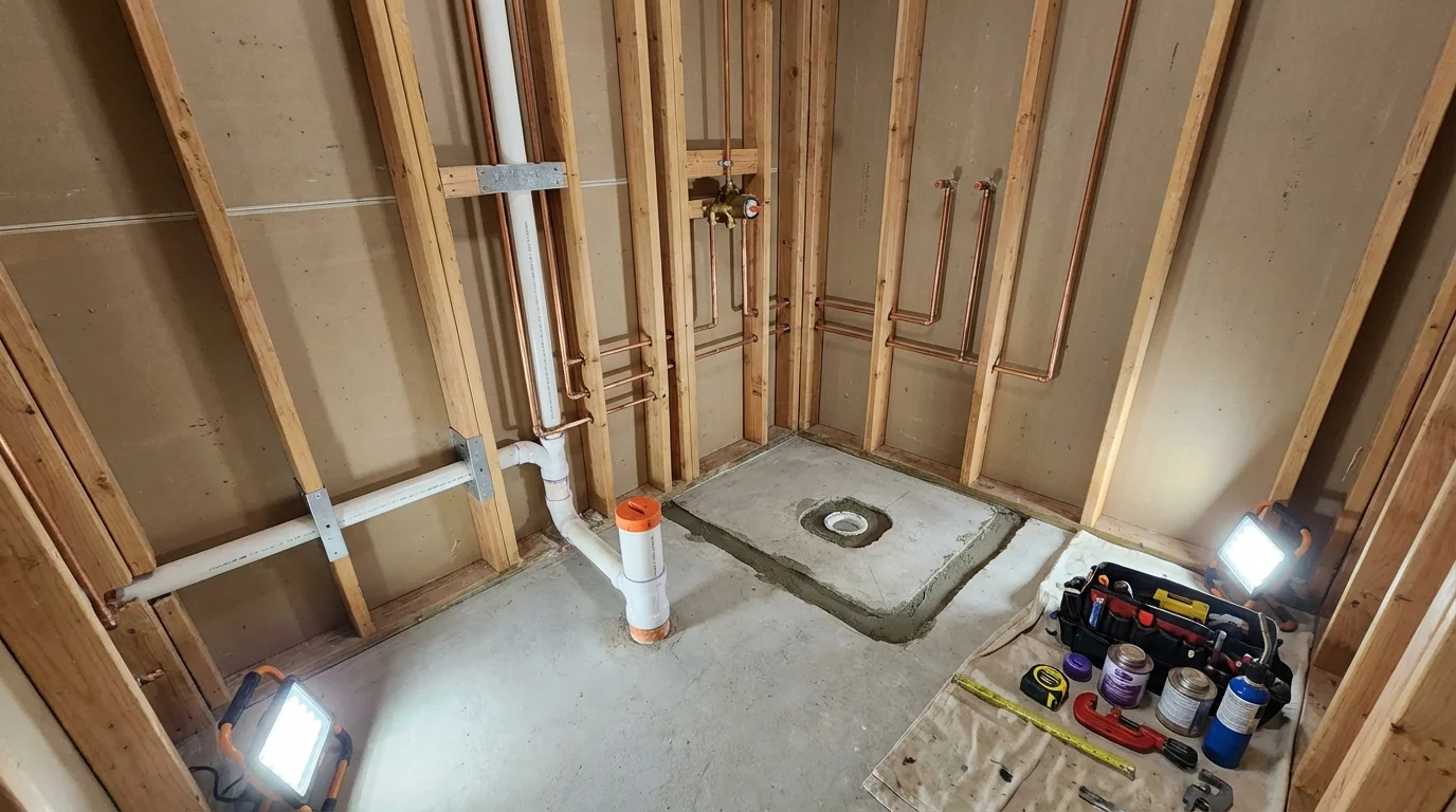 Bathroom rough-in plumbing during remodel by Johns Plumbing LLC in Fairburn