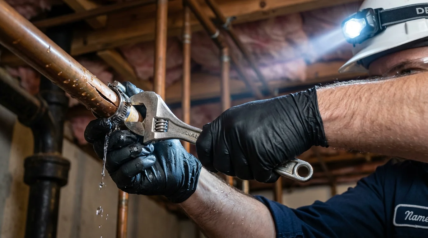 Emergency pipe clamp repair being performed by a Johns Plumbing LLC plumber in Fairburn