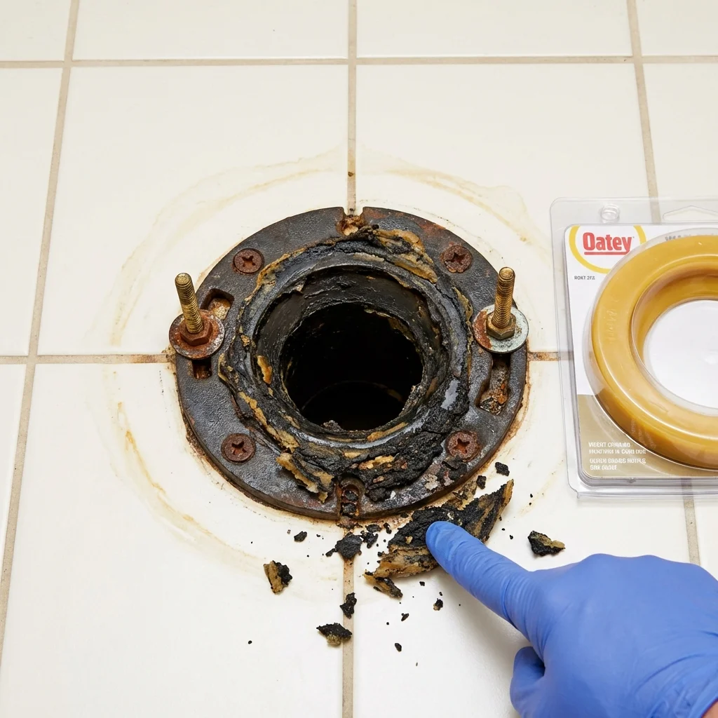 Failed wax ring showing water seepage at the base of a toilet in a Fairburn, GA home