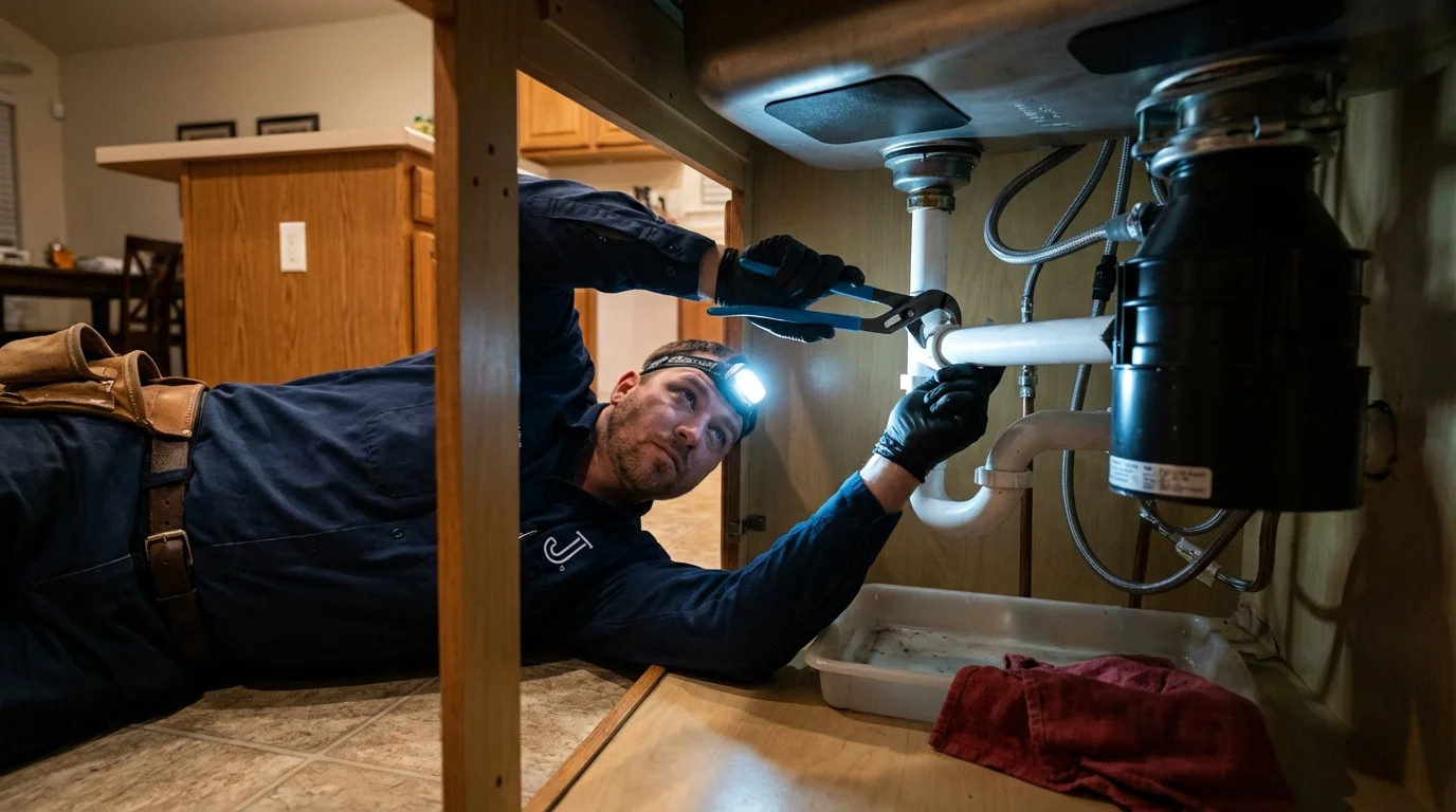 P-trap and supply line connections under a kitchen sink showing a common leak point in Fairburn, GA